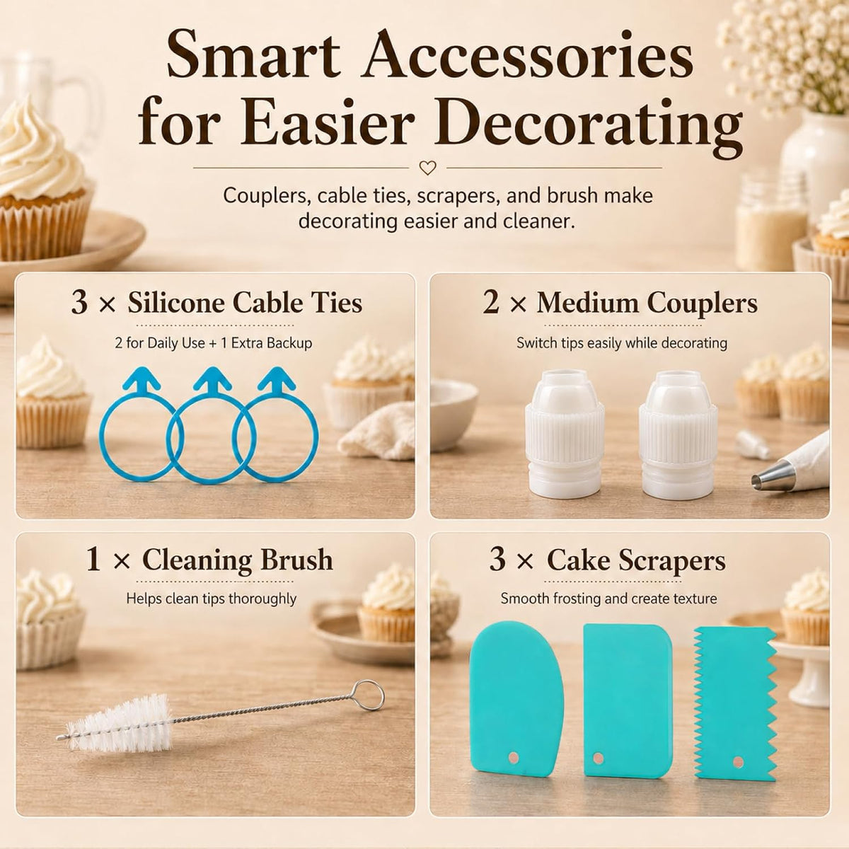 2 Reusable 16-Inch Cotton Piping Bags with Cut Lines, 7 Tips