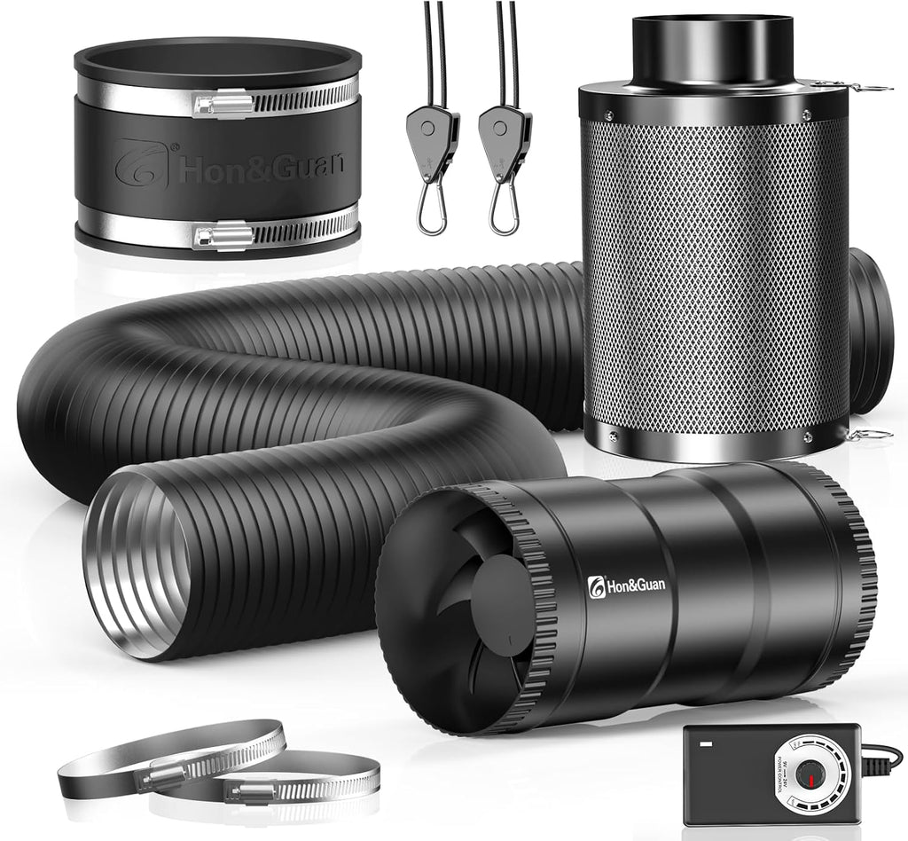 4" Air Filtration Kit: 4 Inch Inline Duct Fan with Speed Controller, 10" High Carbon Filter, 8 Ft Ducting & Rubber