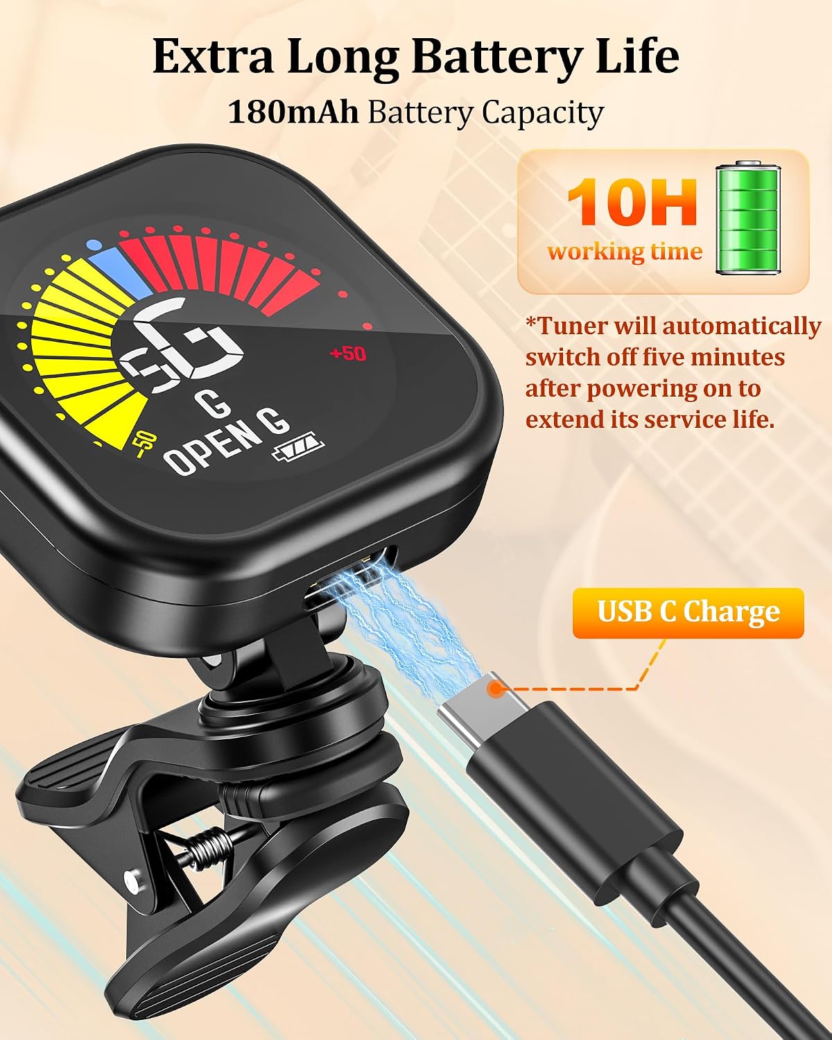 Guitar Tuner Clip-On Rechargeable with Color Screen 360° Rotatable Acoustic Chromatic Open Tuning for Guitar, Bass
