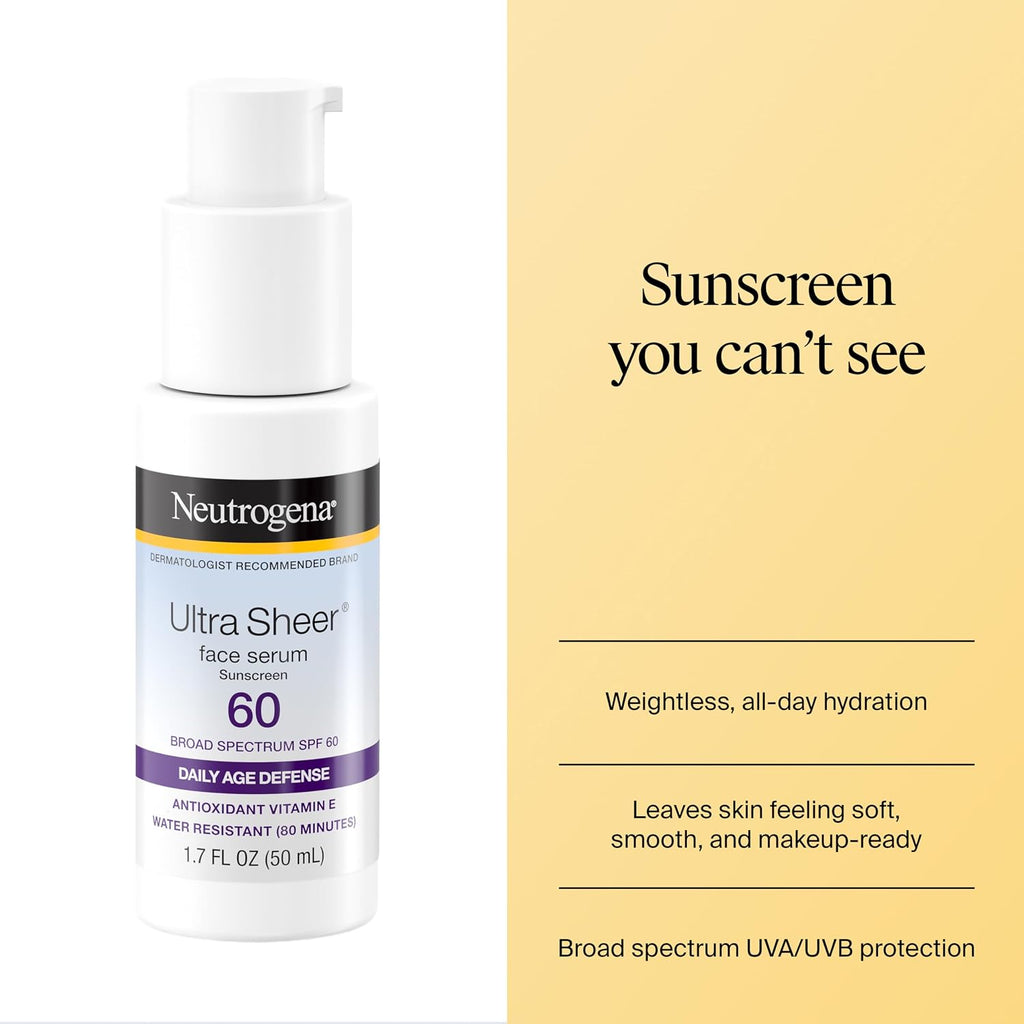 Neutrogena Ultra Sheer Sunscreen Serum SPF 60, Fragrance-Free, 1.7 fl. oz | Broad Spectrum UVA/UVB Protection