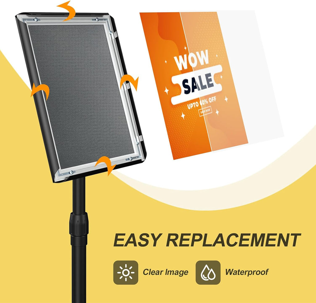 Sign Holder Stand 8.5x11 inch - Adjustable Floor Standing Sign Holder - Signage Stand with Snap-Open Frame Display