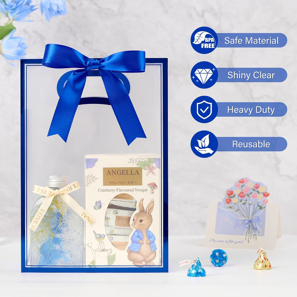 12 PCS Clear Plastic Gift Bags with Handles, Royal Blue