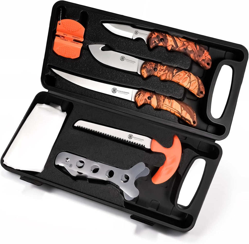 Hunting Deer Knife Set Field Dressing Kit Portable Game Processor Set Red Maple Camo Handle, 8 Pieces | Red Maple