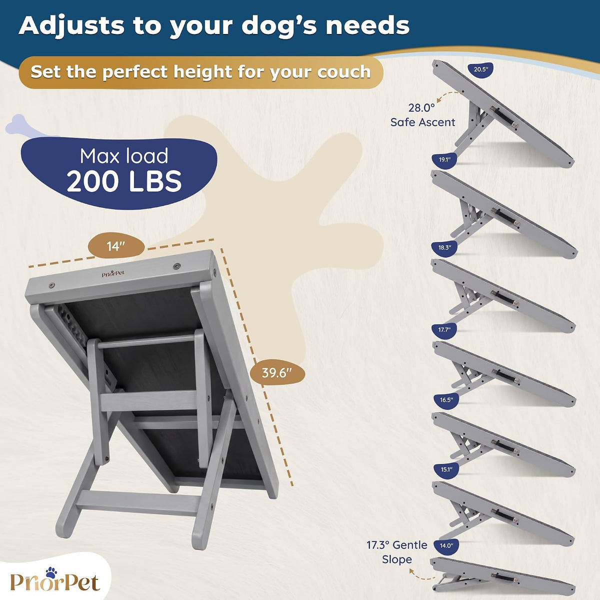 Dog Ramp for Couch – Non-Slip, Sturdy Build Foldable Wooden Dog Ramp – Supports up to 200 lbs – 7 Adjustable Heights