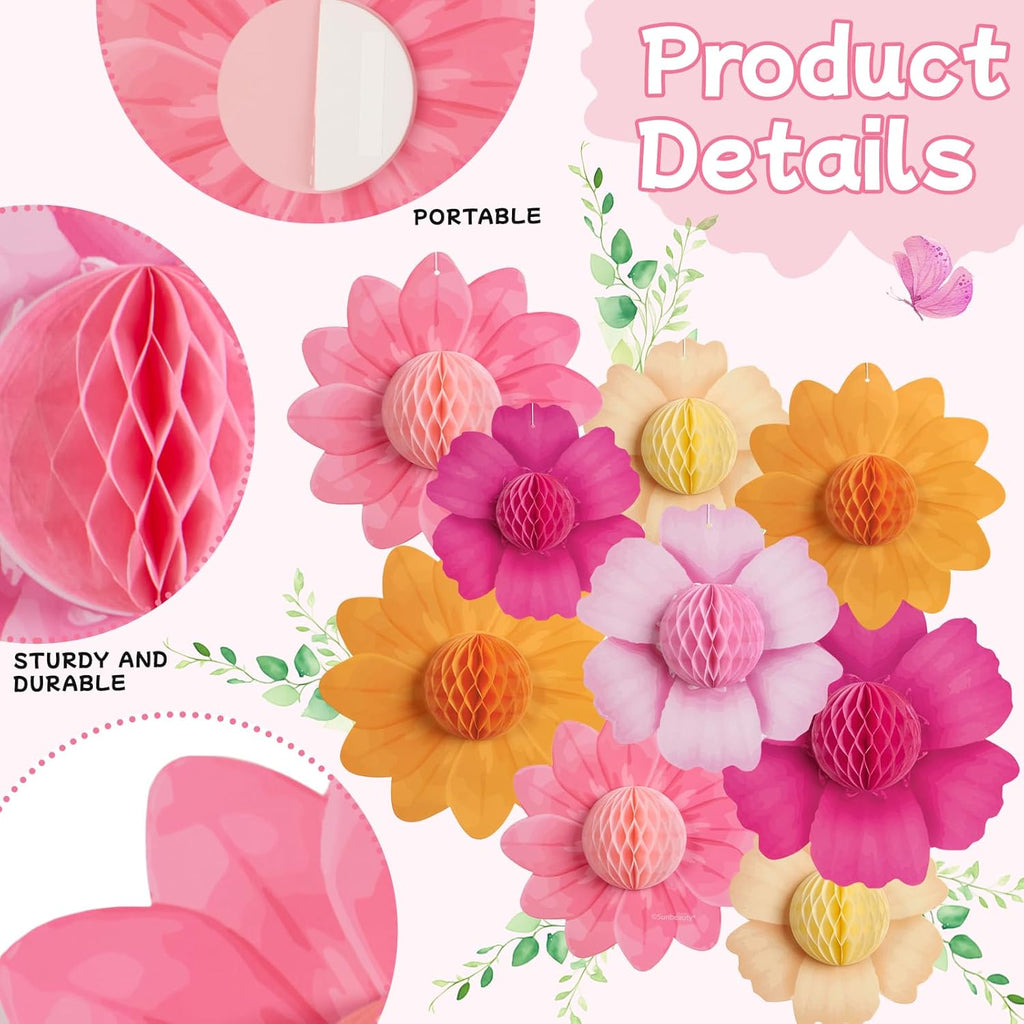 9PCS Hot Pink and Orange Party Decorations Paper Flowers Honeycomb Hanging Large Paper Flowers Pom Poms Fiesta for
