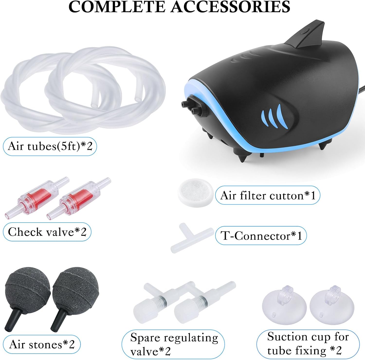 3W Quiet Aquarium Air Pump: 80GPH Adjustable Fish Tank Air Pump with Dual Output, Powerful Shark-Shaped Aquarium