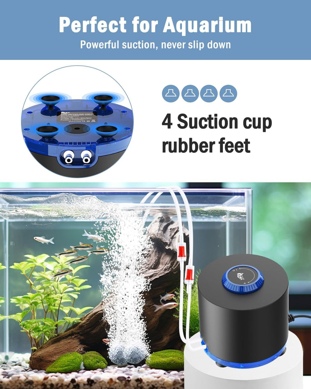Aquarium Air Pump, 3W Powerful Dual Outlet Adjustable Oxygen Aerator | Quiet Operation, Stainless Steel Outlet Fish