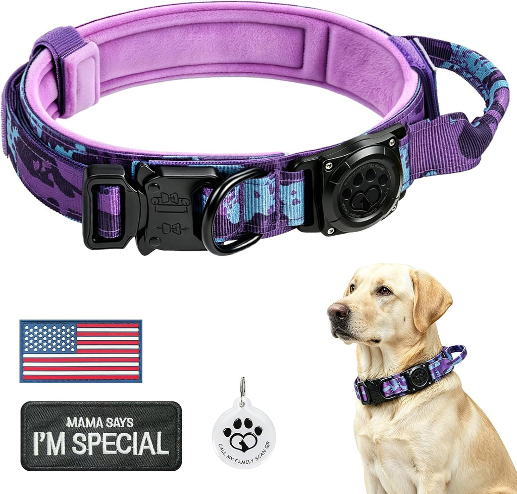IP68 Waterproof Tactical Airtag Dog Collar with Handle,Purple Camo,L