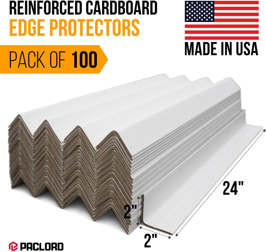 24" x 2" x 2" Reinforced Cardboard Edge Protectors, White (Pack of 100) – 0.12" Thick Medium-Duty Cardboard Corner