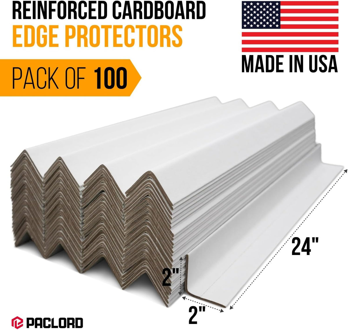 24" x 2" x 2" Reinforced Cardboard Edge Protectors, White (Pack of 100) – 0.12" Thick Medium-Duty Cardboard Corner