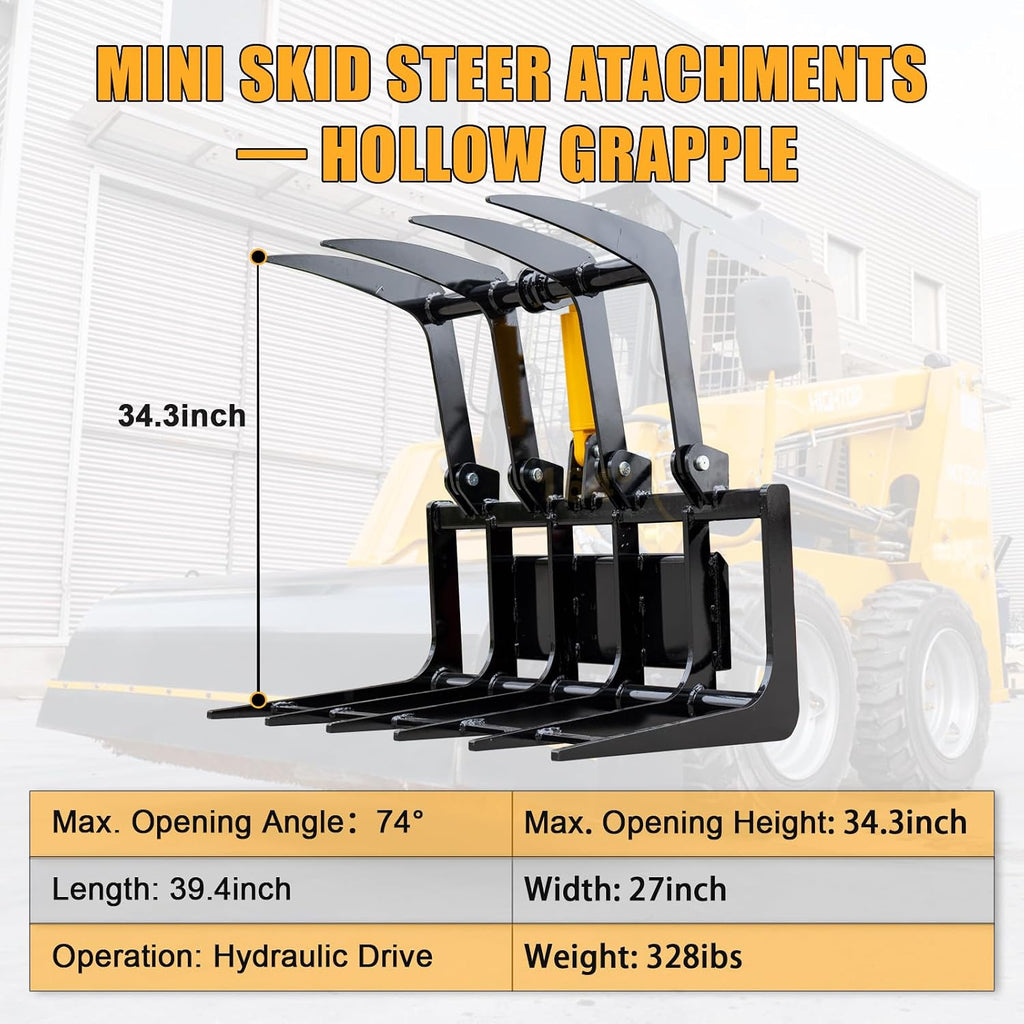 40" Root Grapple Attachments for Mini Skid Steer Loader, 34" Opening Height, Hollowed-out Hydraulic Wood Grapple Rake