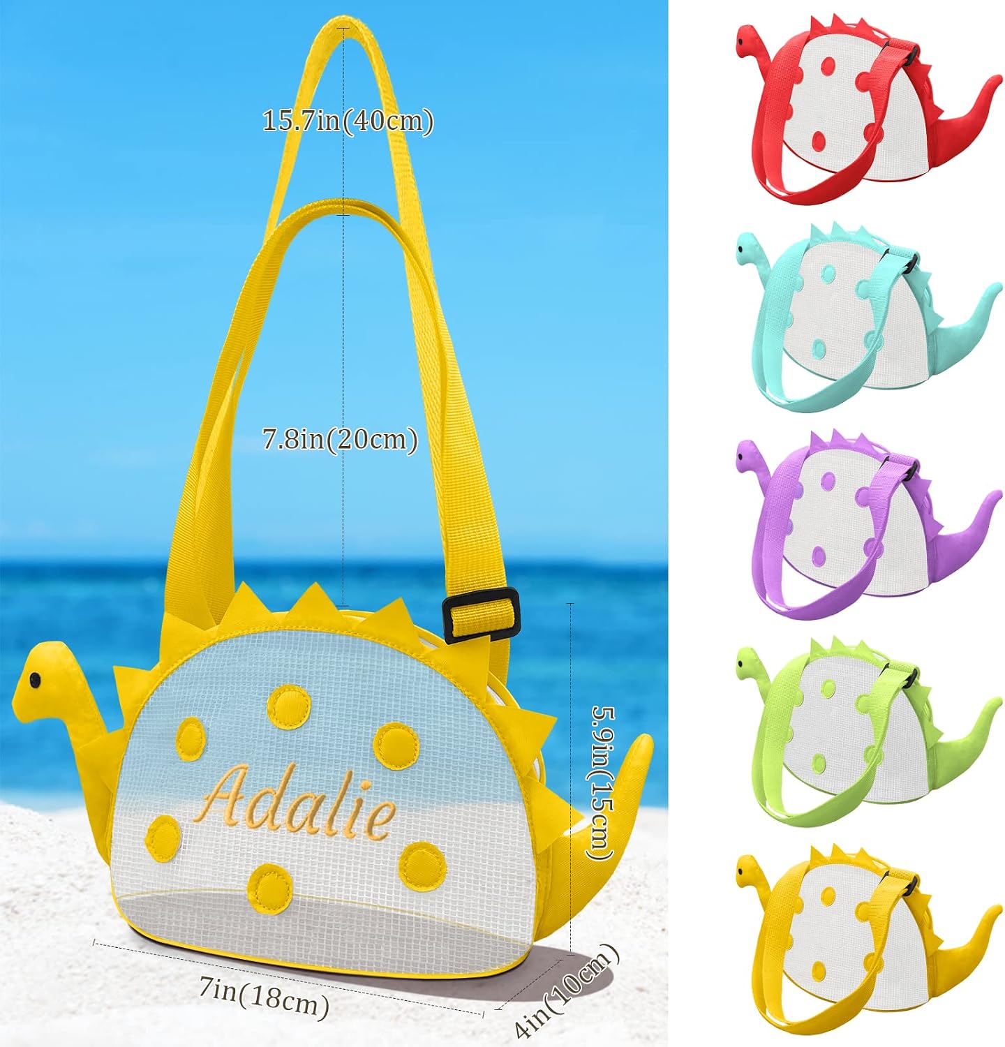 Beach Shell Bags Kids Mesh Personalized 3 Pack Dinosaur Shaped Shell Collecting Bag Kids Beach Toys Organizer with