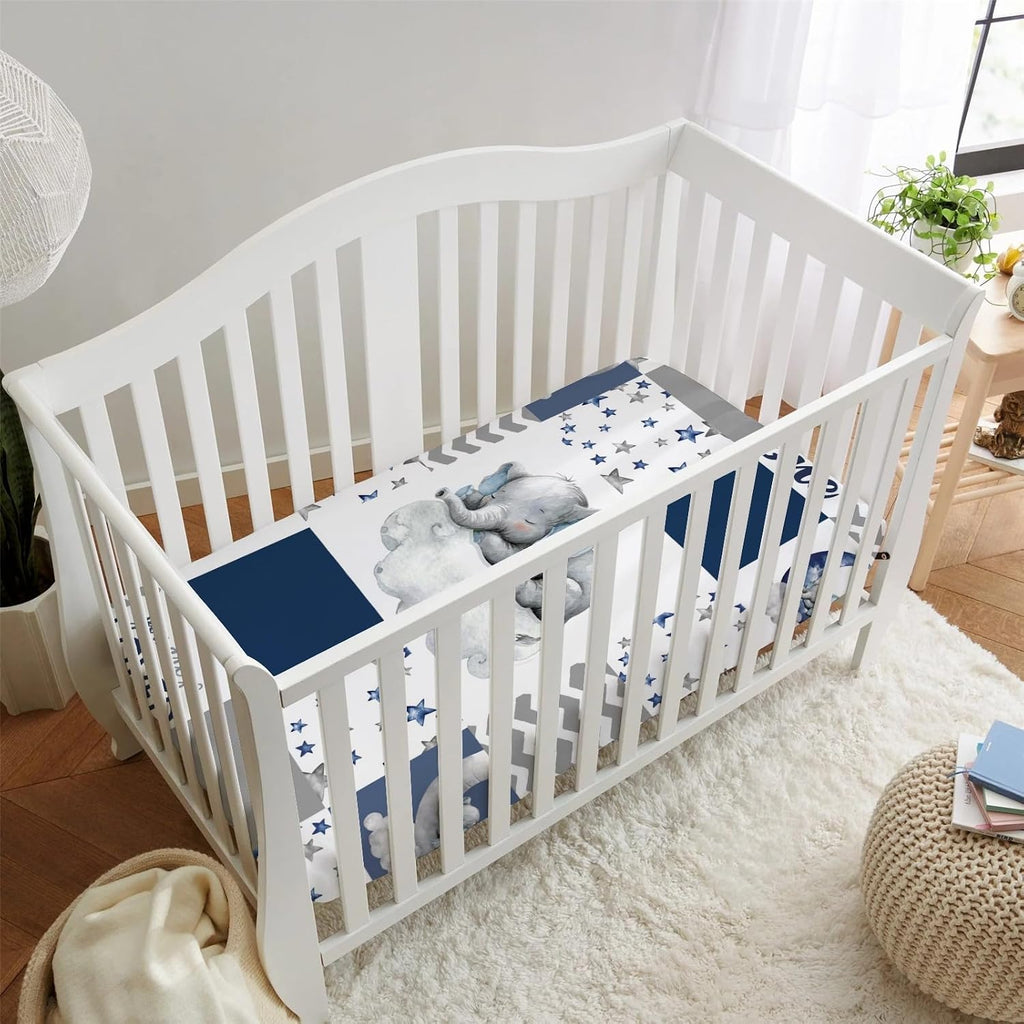 Navy Blue Sleeping Elephant Fitted Standard Crib Sheet Baby Boy, Dream Big Little One You are So Loved Patchwork