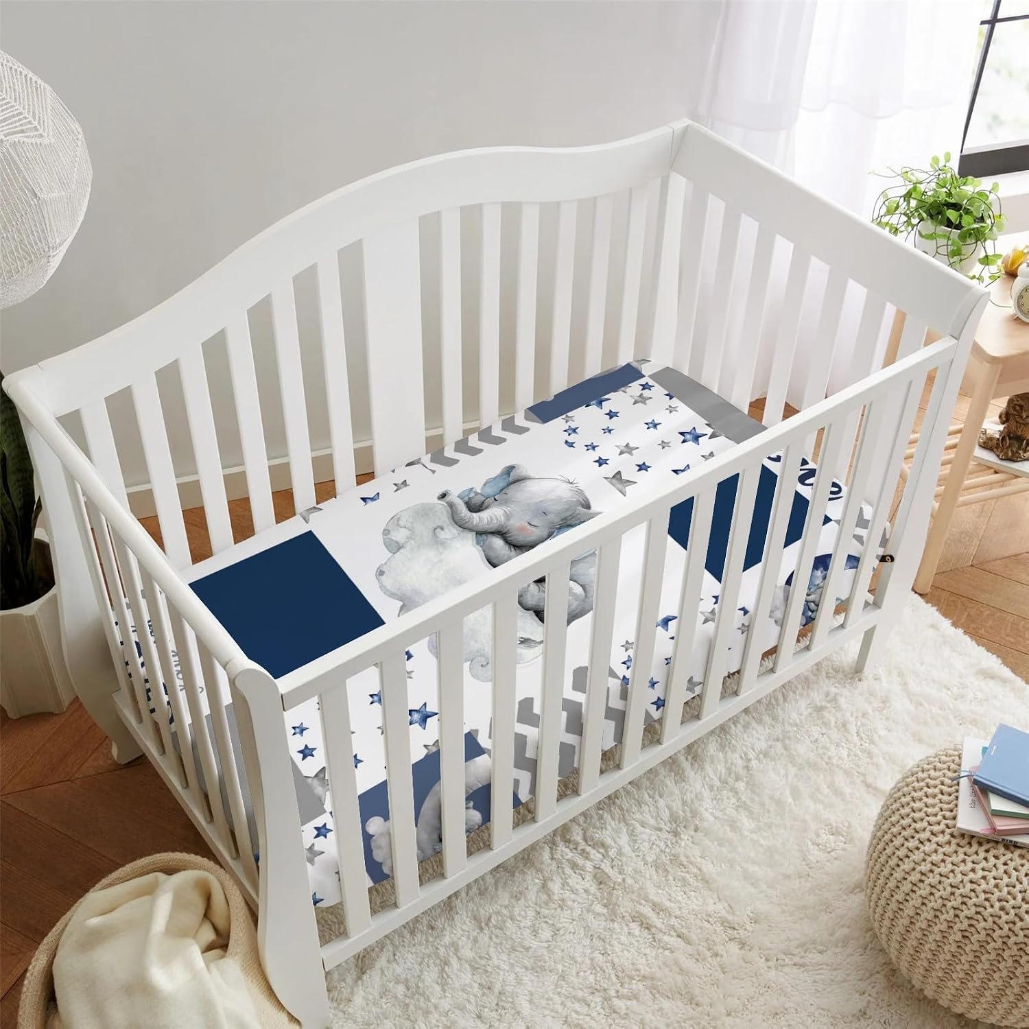 Navy Blue Sleeping Elephant Fitted Standard Crib Sheet Baby Boy, Dream Big Little One You are So Loved Patchwork