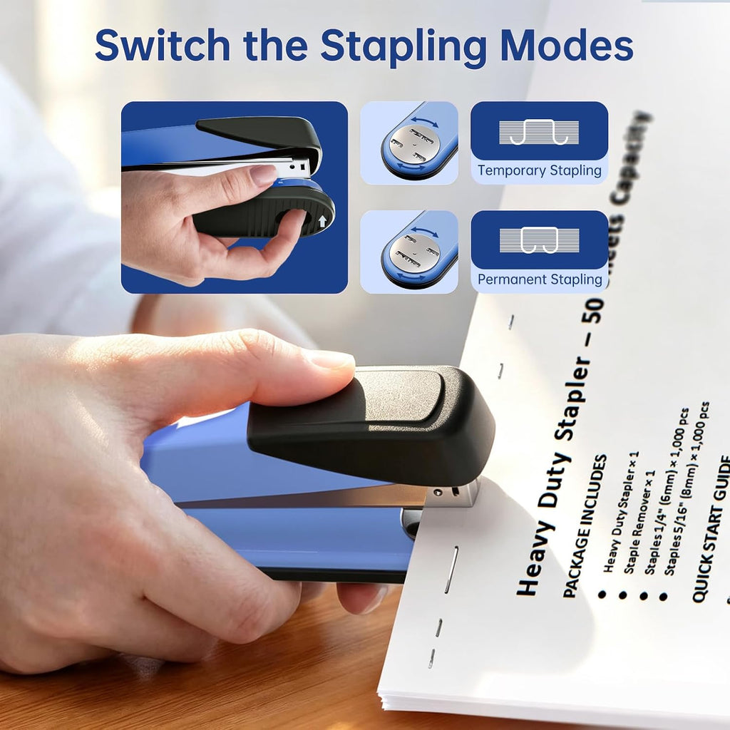 Metal Stapler Heavy Duty for Desk - 50 Sheet Capacity with 2000 Pieces 1/4", 5/16" Staples and Staple Remover, No
