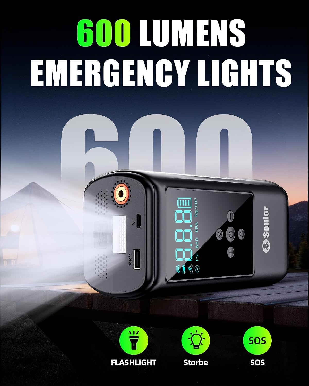 Jump Starter with Air Compressor, 6000A Car Battery Jumper Starter with 160 PSI Tire Inflator Portable, LED Display