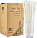 [300 Pack] Biodegradable 10 Inch Long Giant Paper Drinking Straws 8mm Wide - Individually Wrapped, Plain White