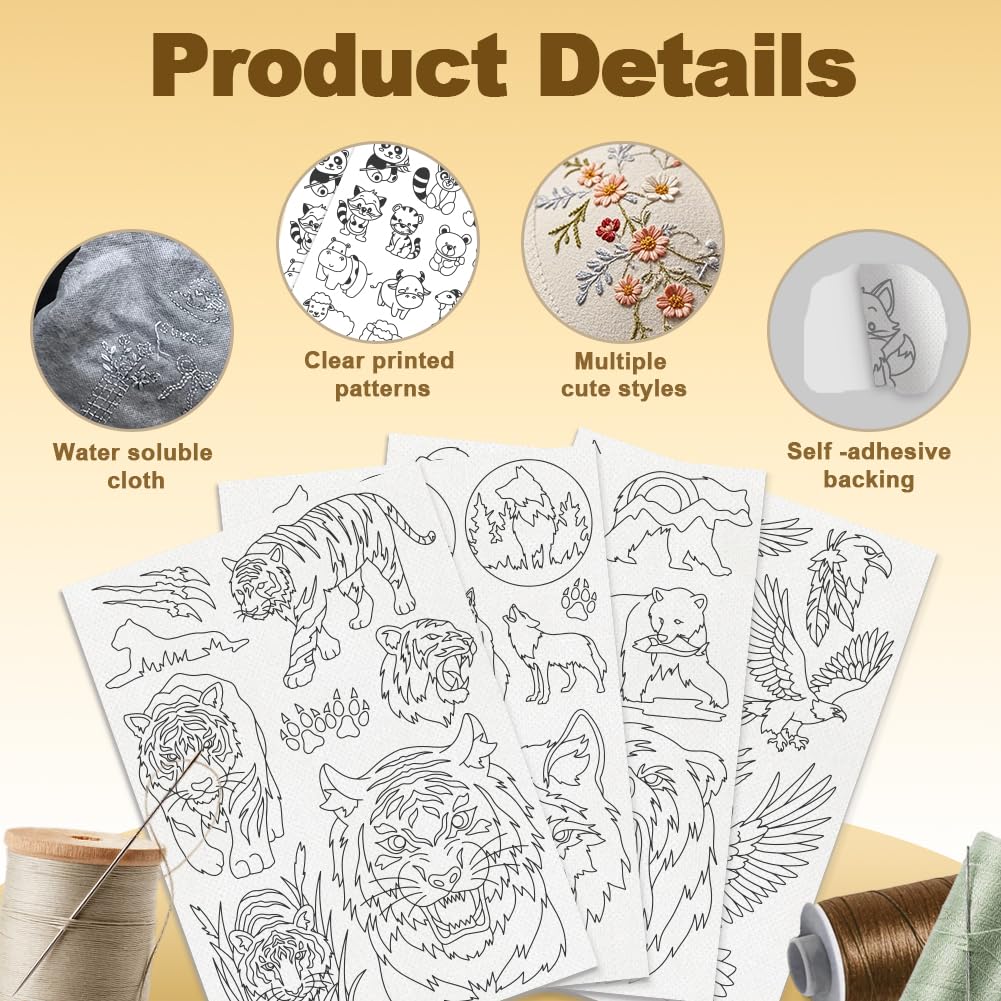 34Pcs Wolf Eagle Bear Tiger Water Soluble Hand Sewing Stabilizers