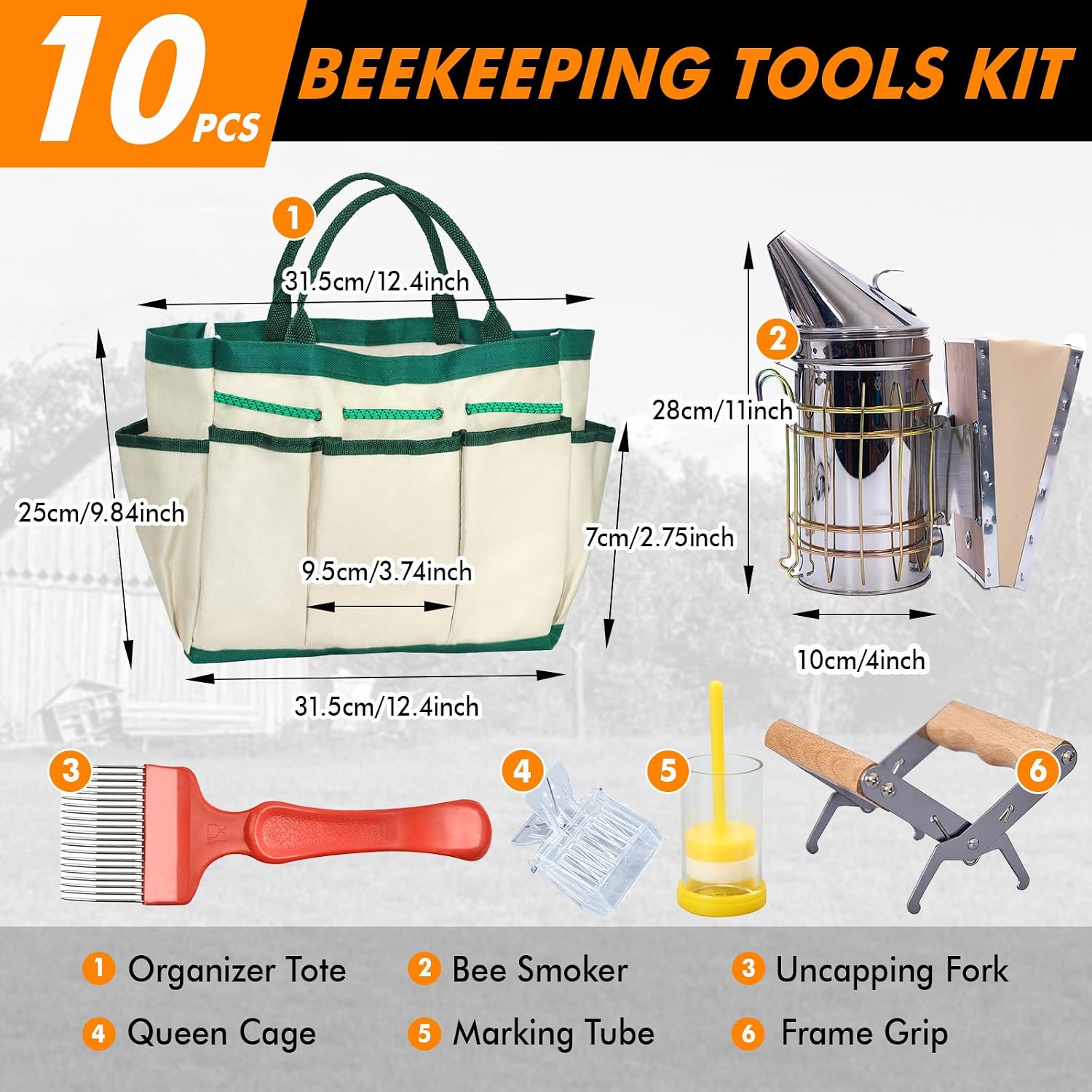 9 Pcs Beekeeping Tools Kit with Organizer Tote for Beekeepers, Necessary Beekeeping Supplies Bee Keeping Starter Kit