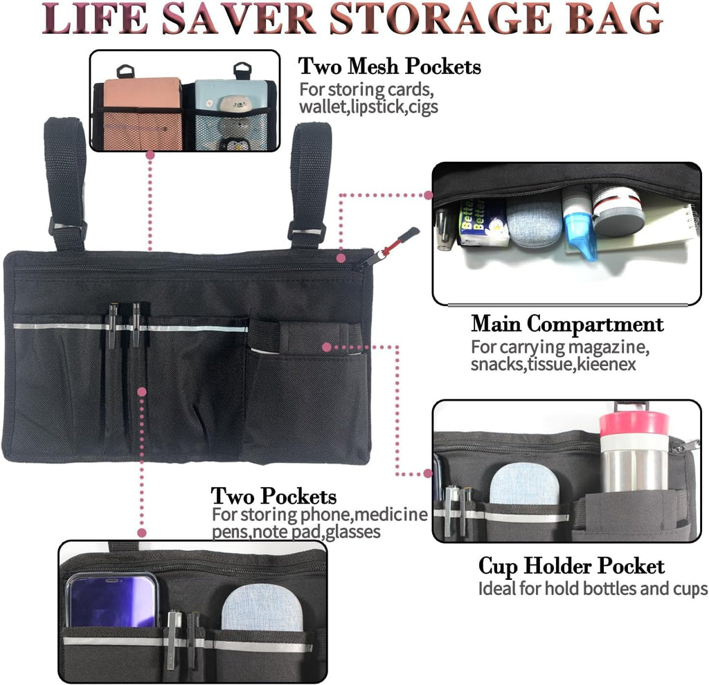 Wheelchair Pouch Side Pocket,Wheel Chair Cup Holder,Electric Wheelchair Accessories,Wheelchair Side Bag with Cup