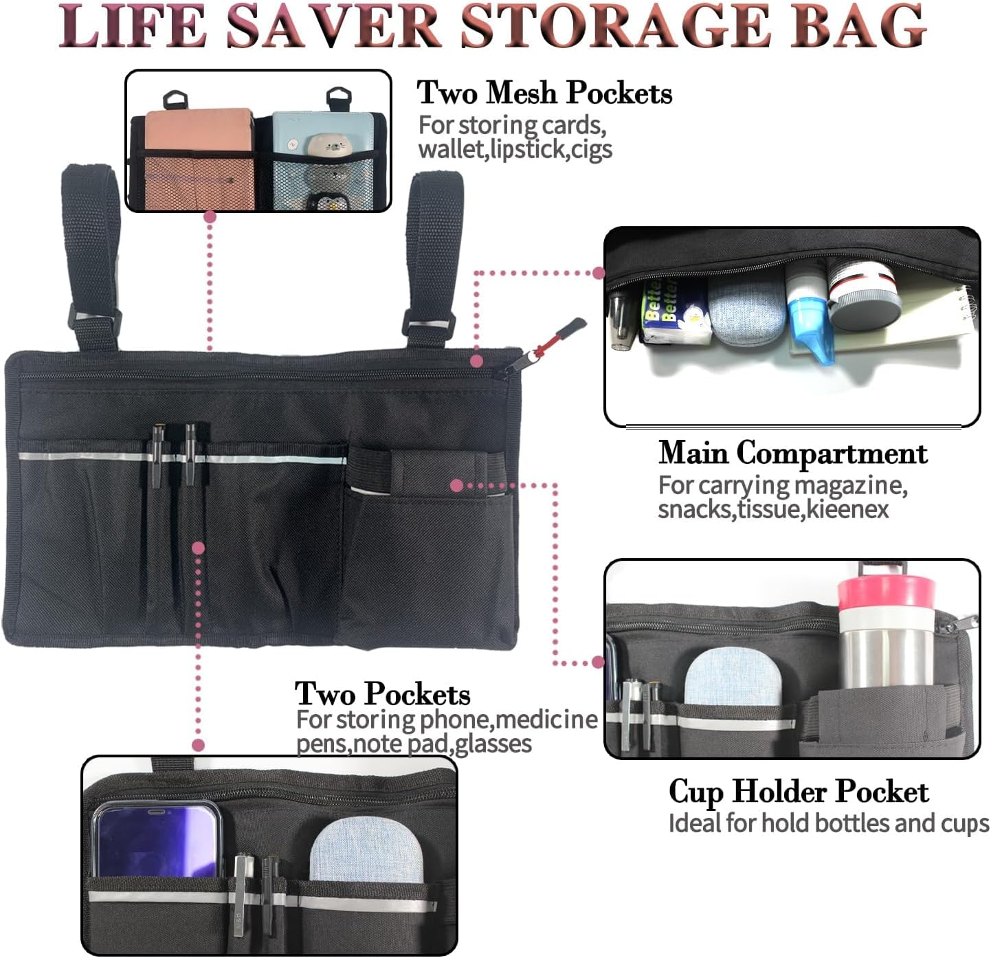 Wheelchair Pouch Side Pocket,Wheel Chair Cup Holder,Electric Wheelchair Accessories,Wheelchair Side Bag with Cup