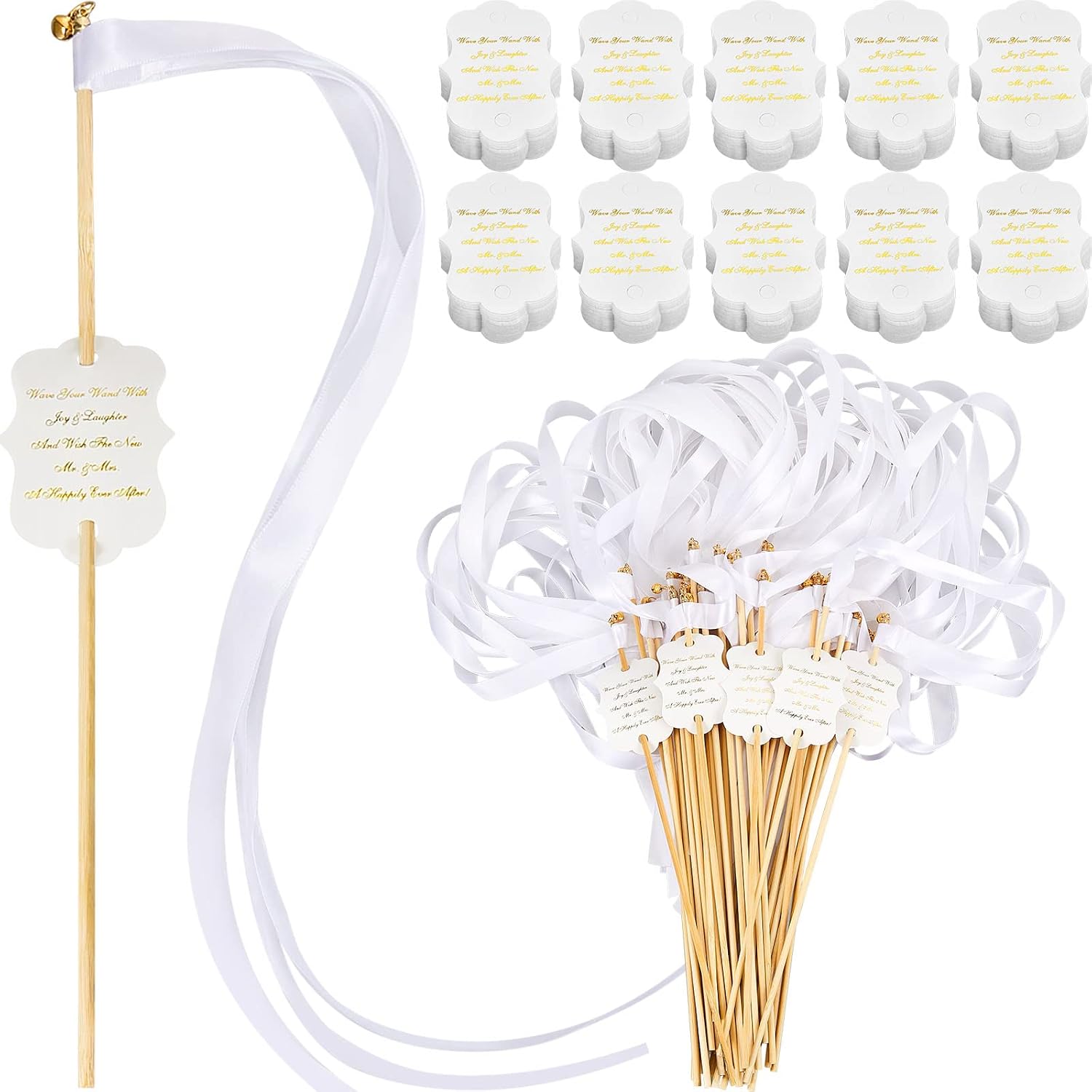 100 Sets Wedding Send Off Wands with Bells Bulk, White