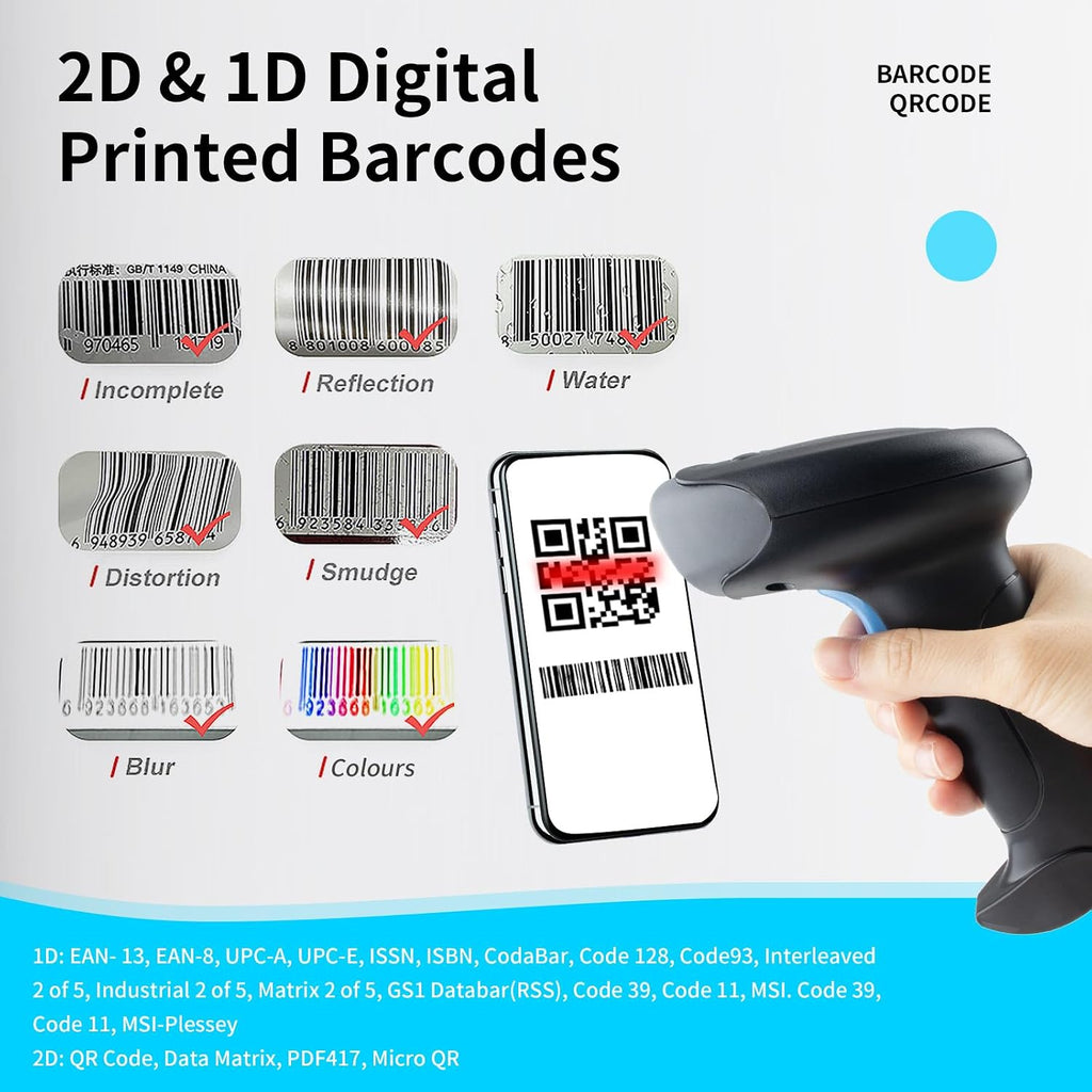 Wireless Barcode Scanner 1D QR Scanner Wireless Handheld Laser Bar Code Reader 3-in-1 with Bluetooth & 2.4G Wireless