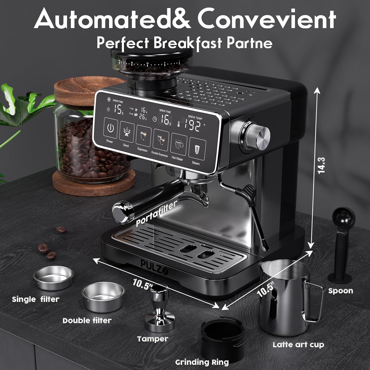 Espresso Machine with Grinder, 20 Bar Professional Coffee Machine, All-in-One Stainless Steel Coffee Maker with Milk