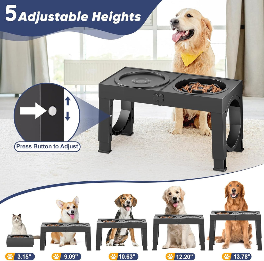 Slow Feeder Dog Bowl Stand - Elevated Dog Food and Water Bowl Set for Large Medium Sized, 5 Heights Adjustable