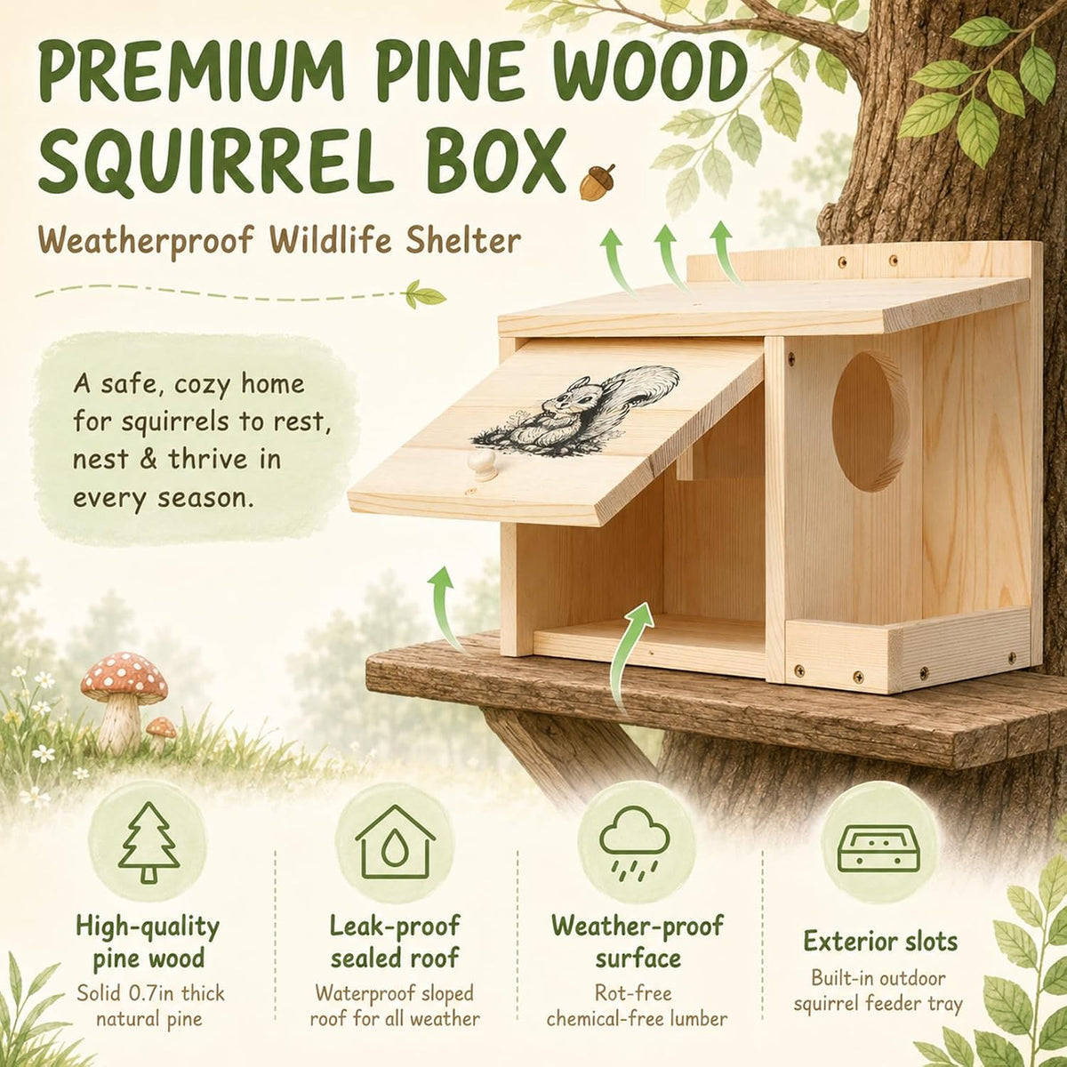 Large Squirrel House for Outside, Squirrel Nesting Box with Squirrel Feeder