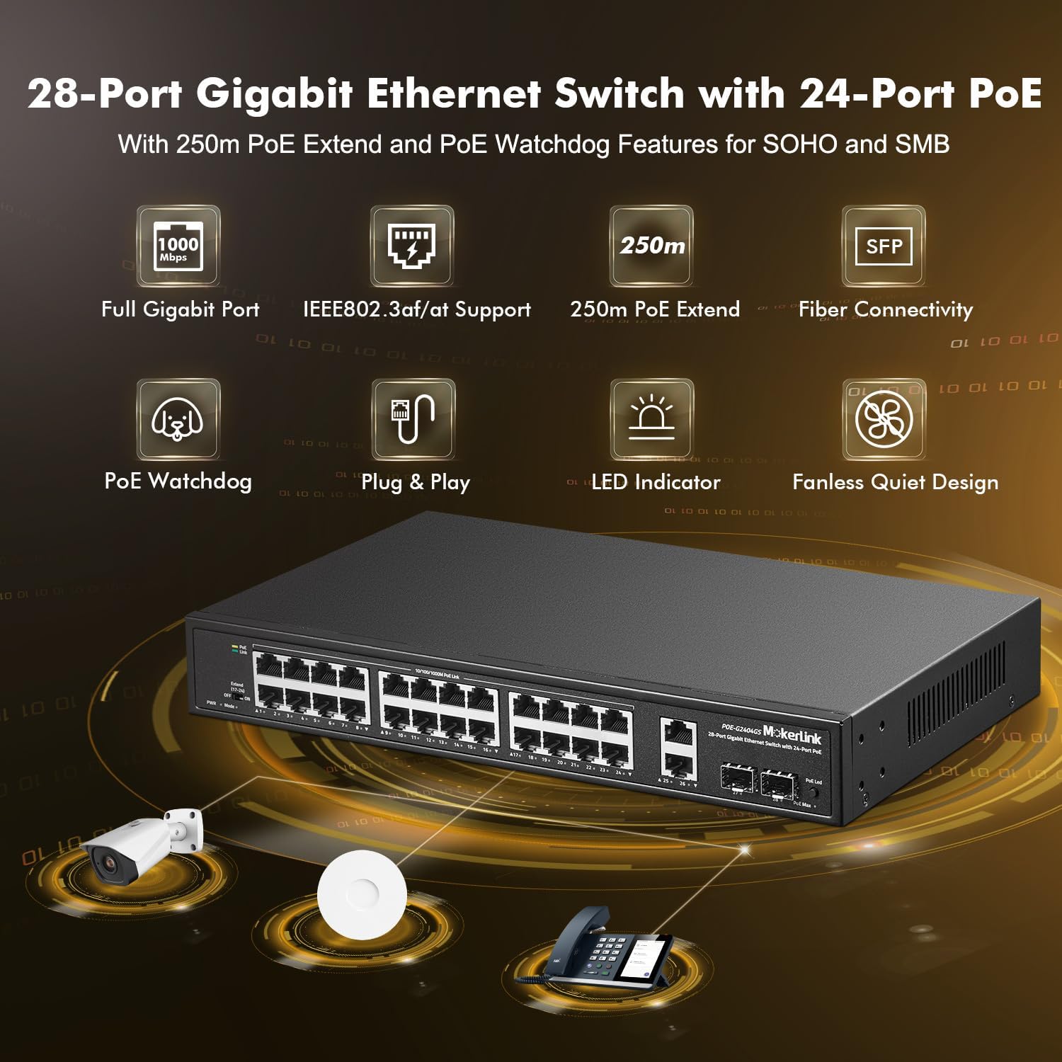 28 Port Gigabit PoE Switch, 24 Gigabit PoE+ Ports, 2 Gigabit Uplink, 2 Gigabit SFP, 300W IEEE802.3af/at, Metal
