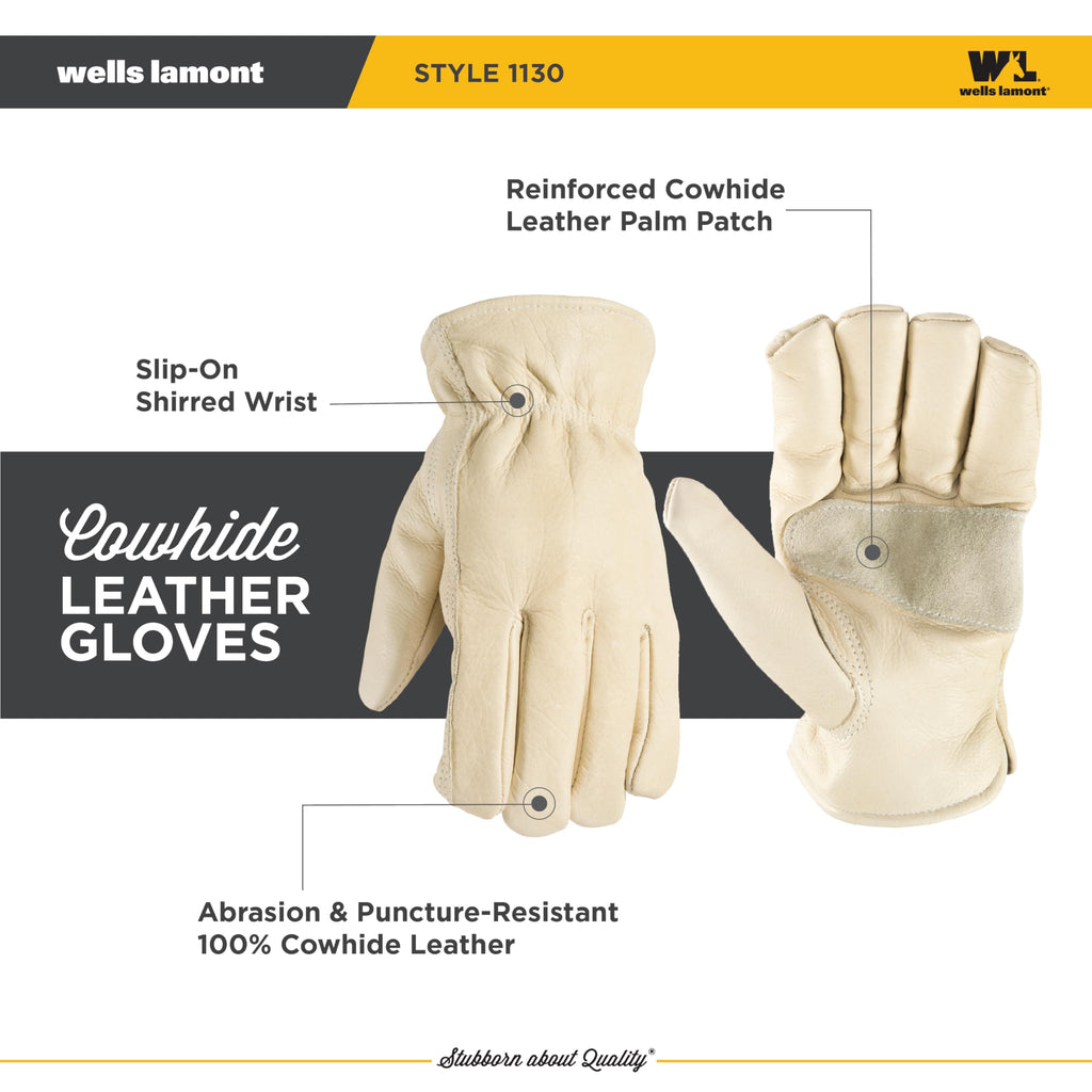 Men's Work Gloves, Cowhide Leather, Reinforced Palm, Medium