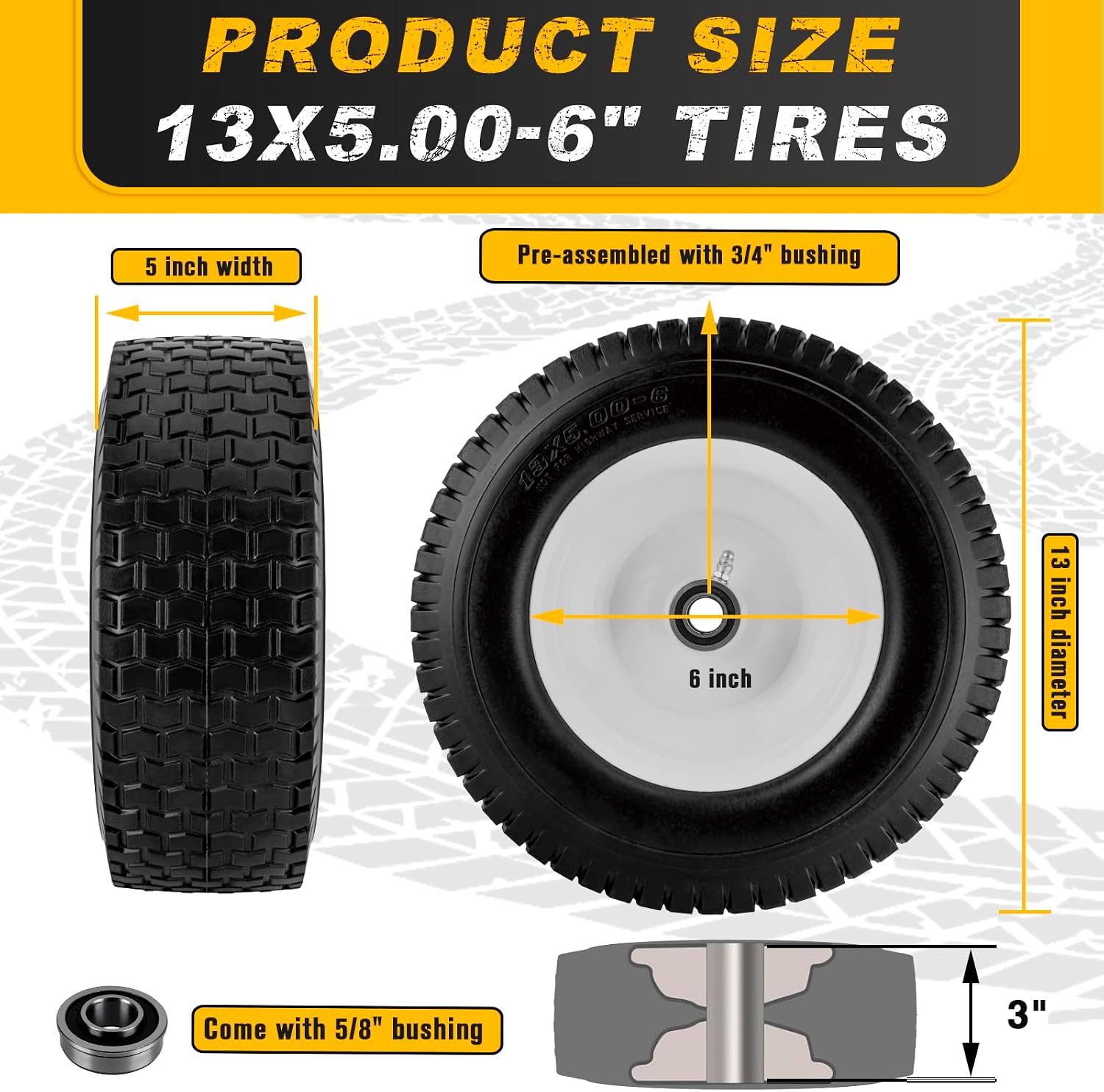 13x5.00-6 Flat Free Tire and Wheel with 3/4" & 5/8" Bearings – 2 Pack 13x5x6 Solid Lawn Mower Tires for Riding Lawn