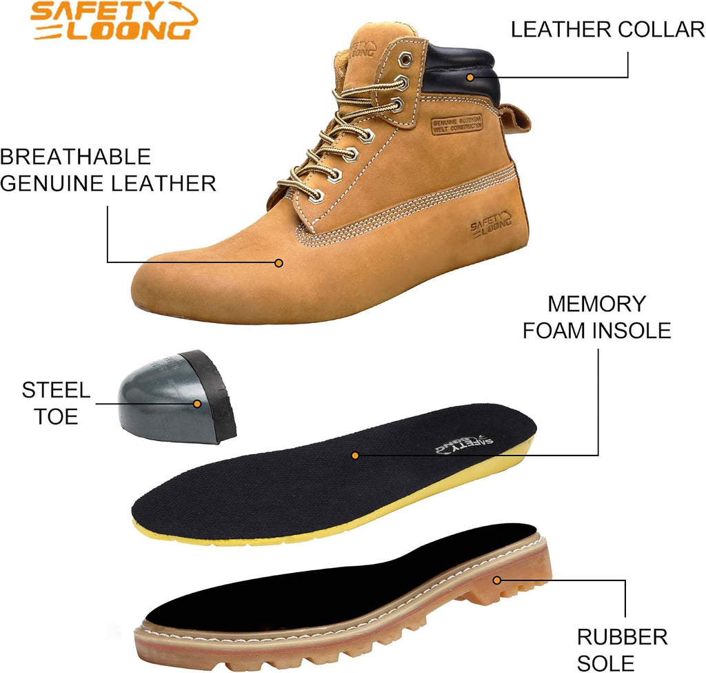 Steel Toe Work Boots for Men, 6-Inch Non Slip Comfortable Leather Waterproof Industrial Construction Safety Workboots