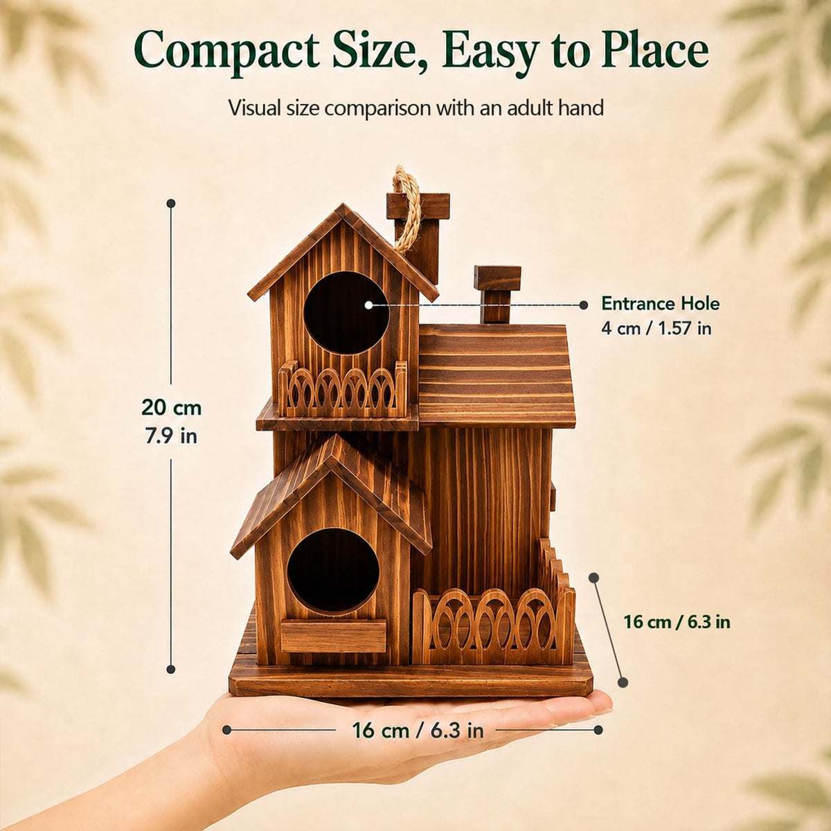 Wooden Bird Houses for Outside, 3 Compartments Villa Hanging Birdhouse, Carbonized Pine Nesting Box for Bluebird Wren