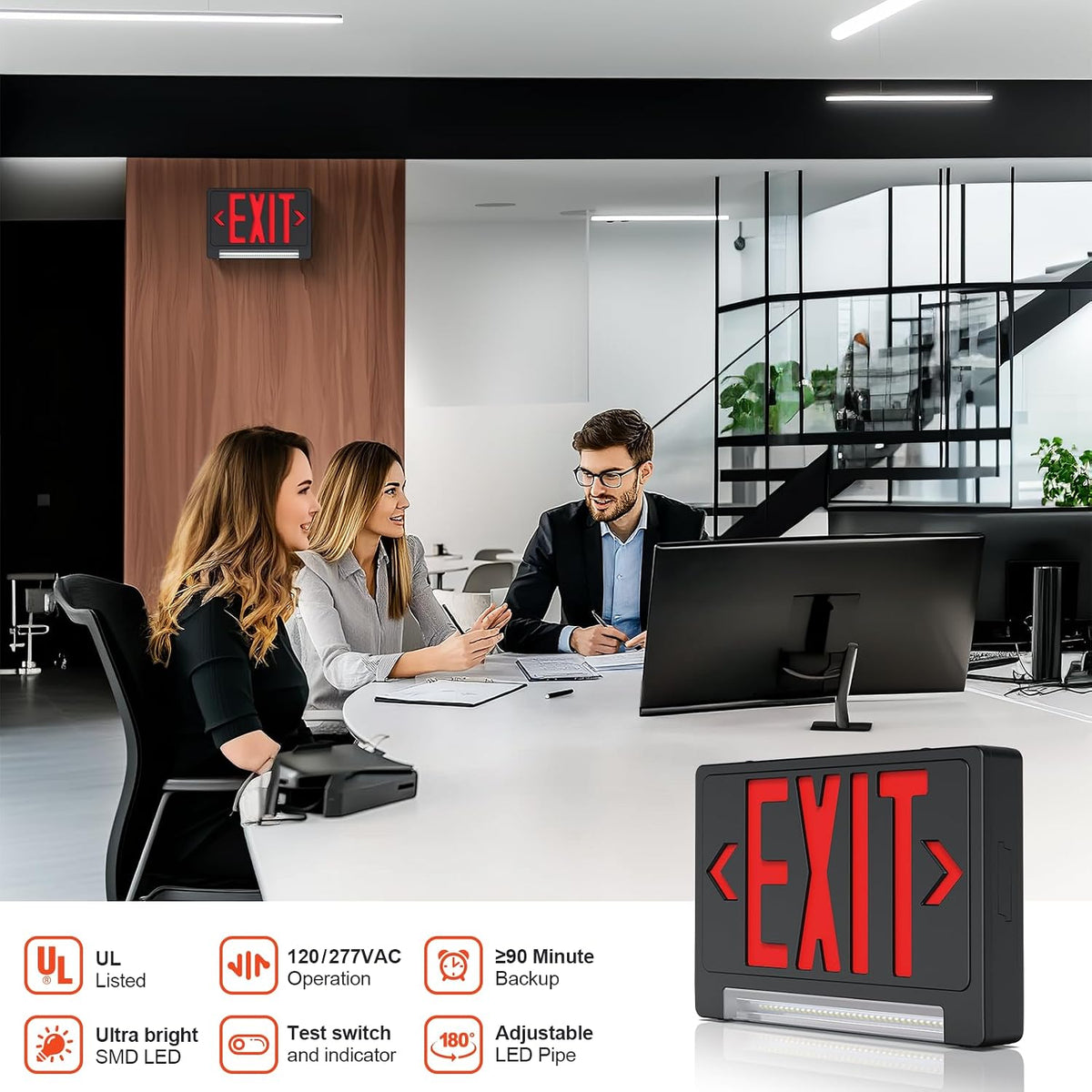 Exit Sign with Adjustable LED Pipe,Exit Signs with Emergency Lights Bar Combo, Hardwired Exit Sign Battery