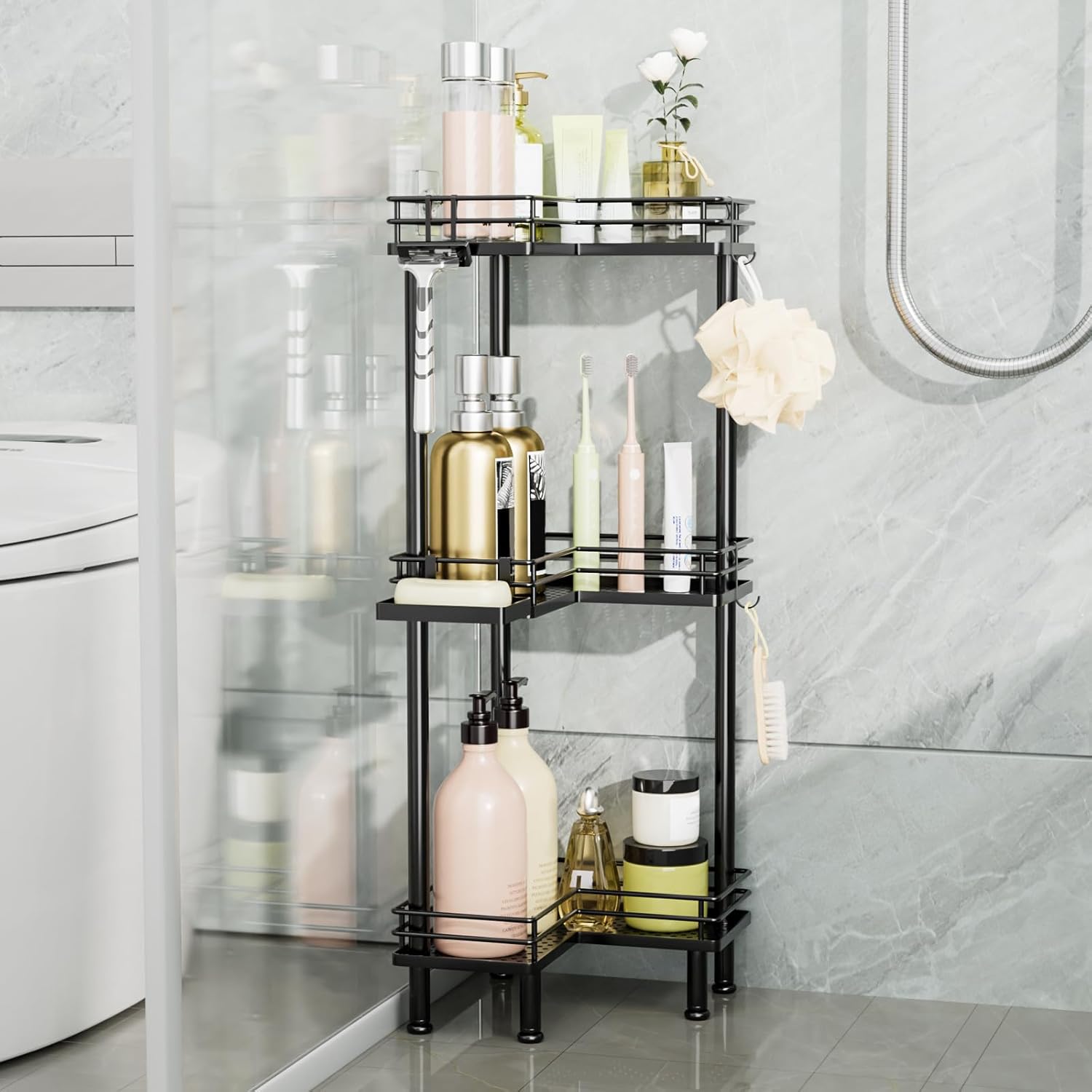 Corner Shower Caddy Standing - 3-Tier Stainless Steel Shower Organizer with Soap Holder and 4 Hooks, Large Capacity