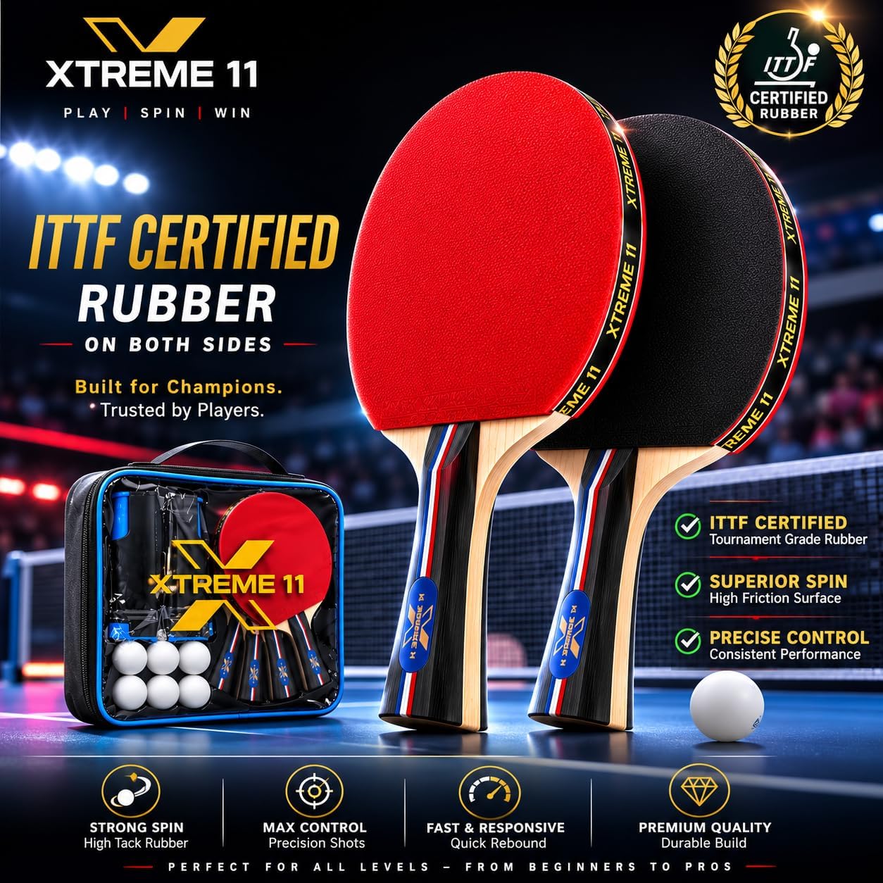 Adult Table Tennis Set, 4 ITTF Paddles, 6 Balls & Retractable Net