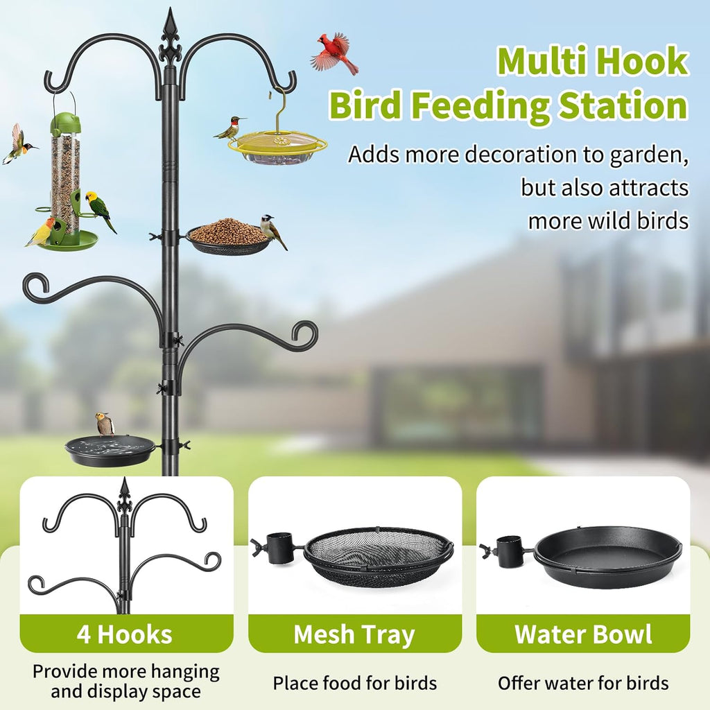 Bird Feeder Pole, 88 Inch Bird Feeding Station 4 Hook Heavy Duty Hummingbird Feeder Stand Hanger Shepherds Hook for