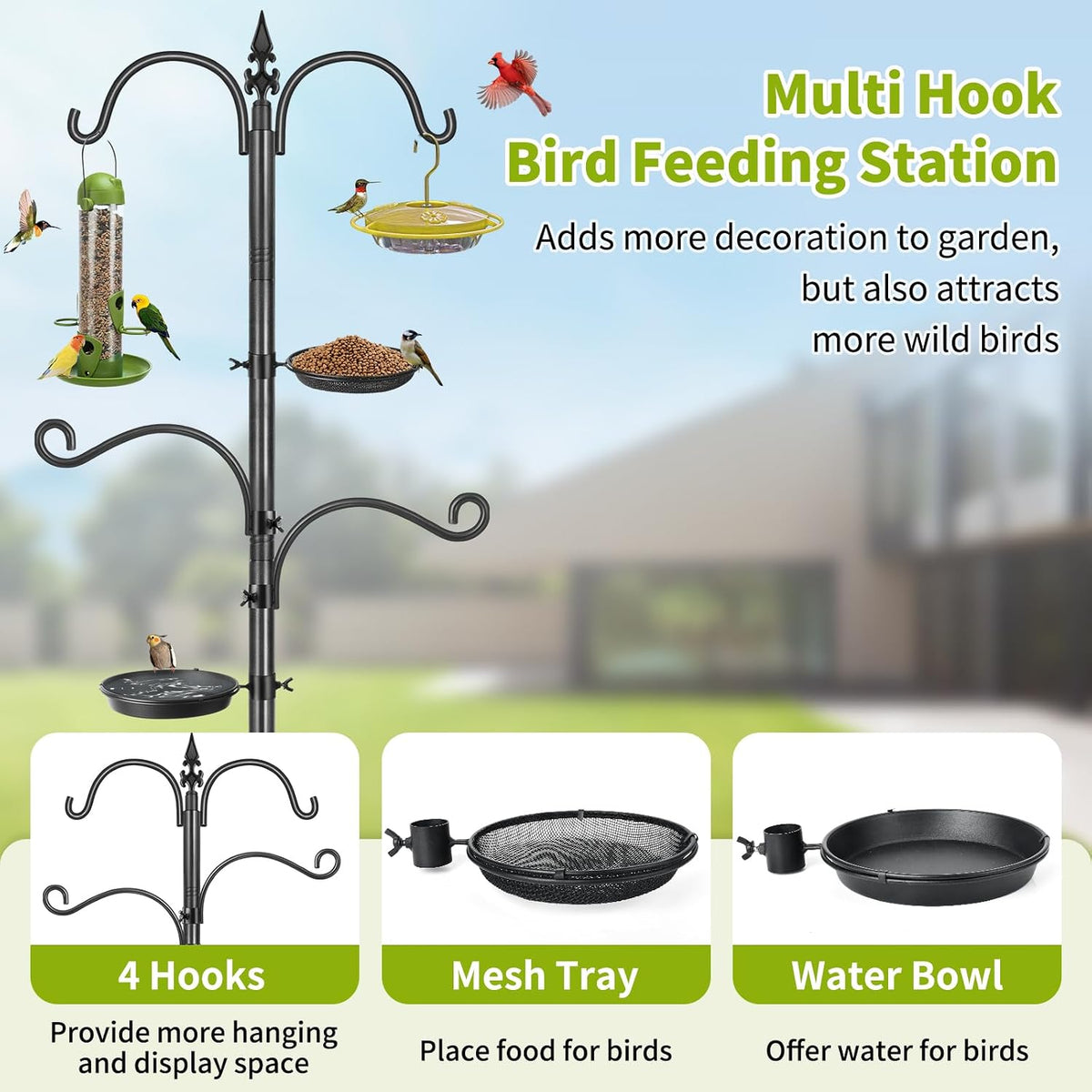 Bird Feeder Pole, 88 Inch Bird Feeding Station 4 Hook Heavy Duty Hummingbird Feeder Stand Hanger Shepherds Hook for