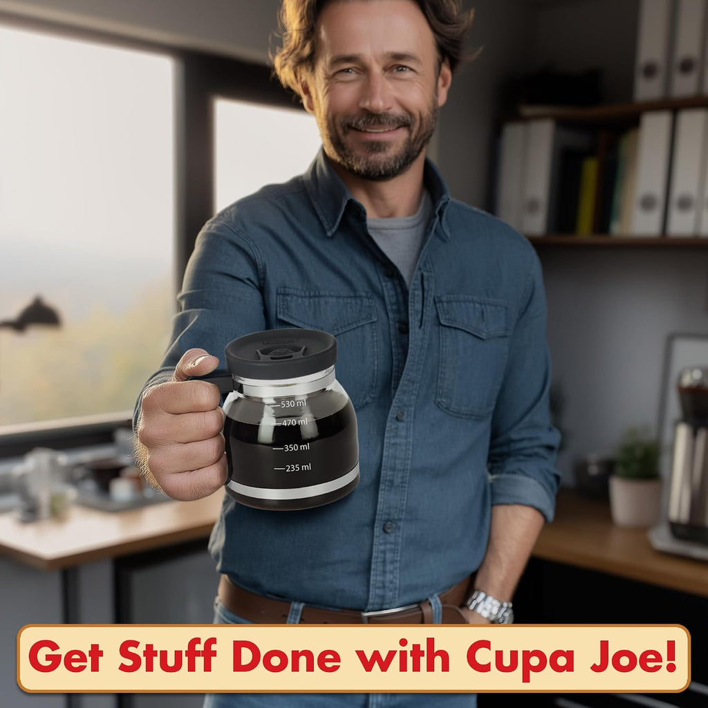 Cupa Joe Coffee Mug, 20 oz Diner-Style Glass Pot, Spill-Proof Lid