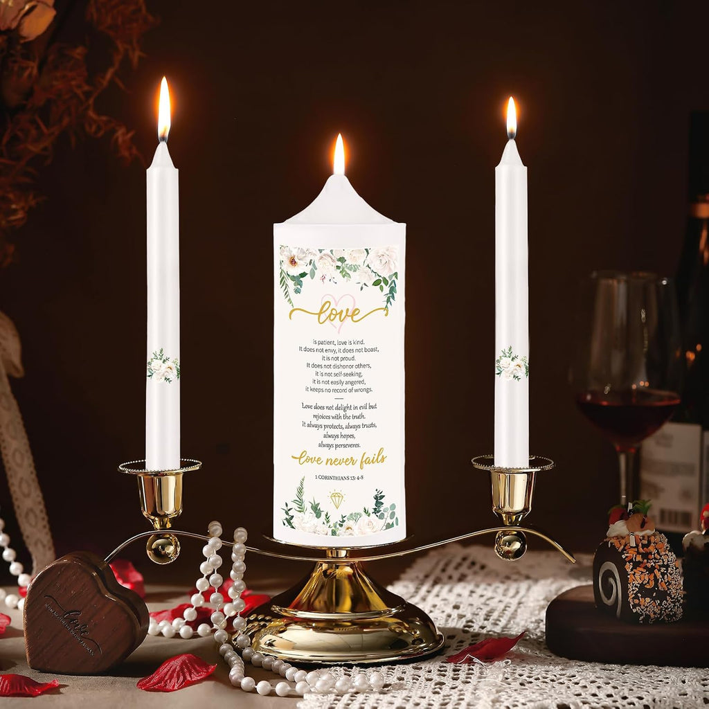 3 Unity Candles for Wedding Ceremony with Golden Stands White