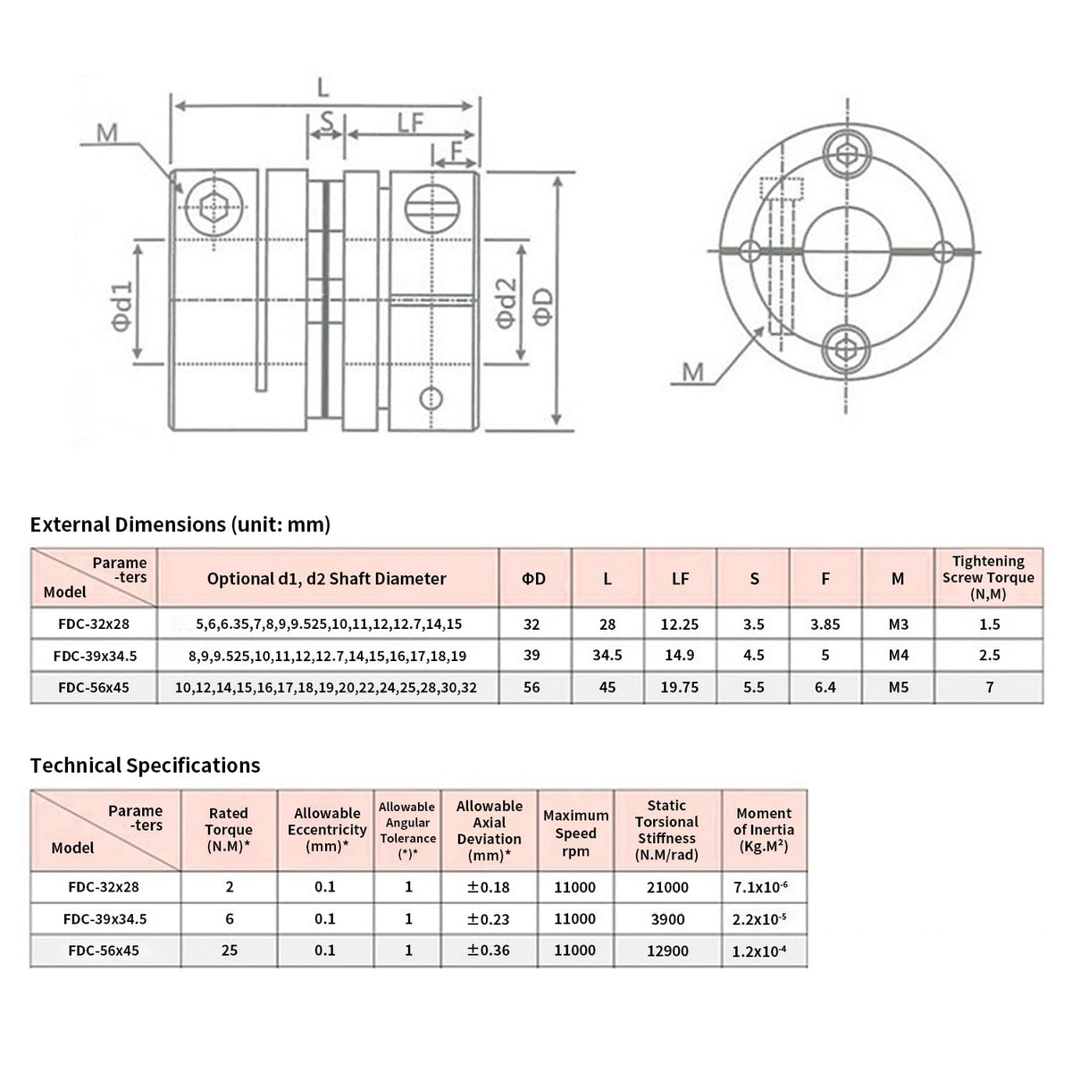 BORDSTRACT 6.35mm to 9.525mm Flexible Diaphragm Coupling,D32 L28