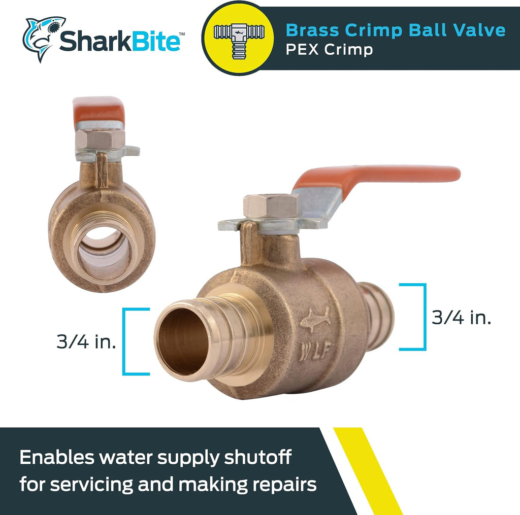 SharkBite 3/4 Inch Crimp Ball Valve, Brass Plumbing Fitting, PEX Pipe, PE-RT, 22462LFA