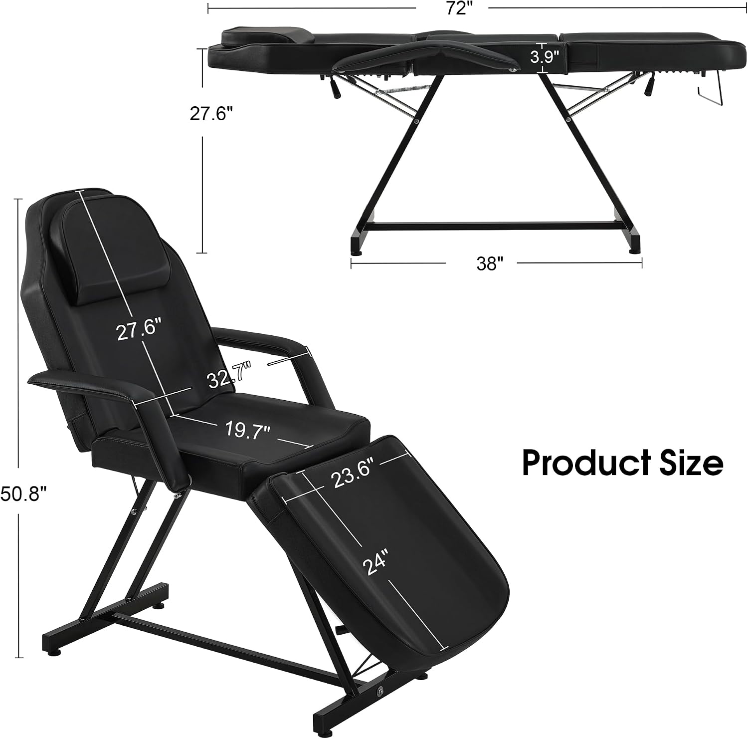 Adjustable Tattoo Chair Esthetician Facial Bed 72 in 0015 Black