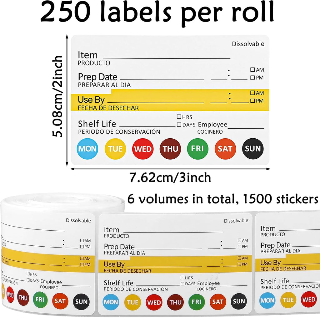 1500 Food Labels 3x2 inch, 6 Rolls, White Shelf Life Stickers for Kitchen