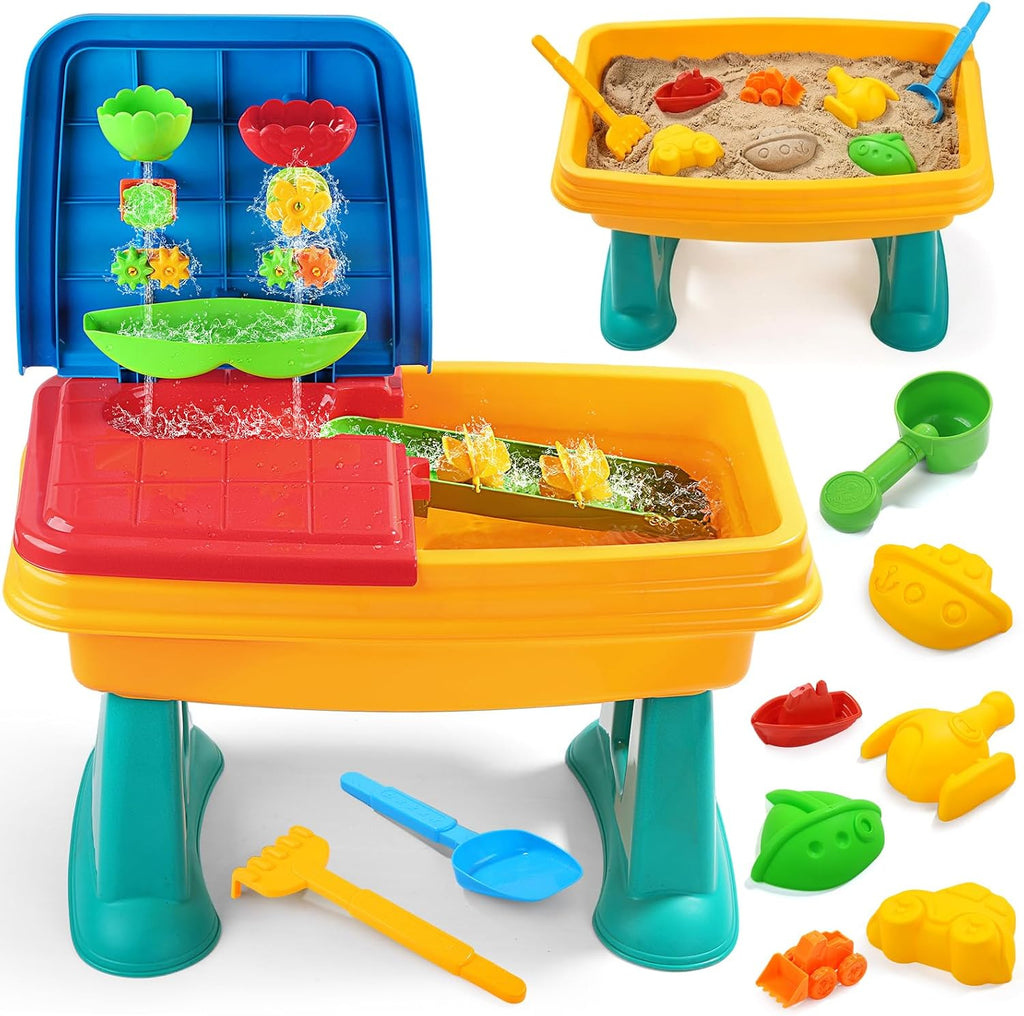 Kids Sand and Water Table, 2 in 1 Toddler Activity Table with Water Wheel & Sand Tools, Outdoor Indoor Sensory Play