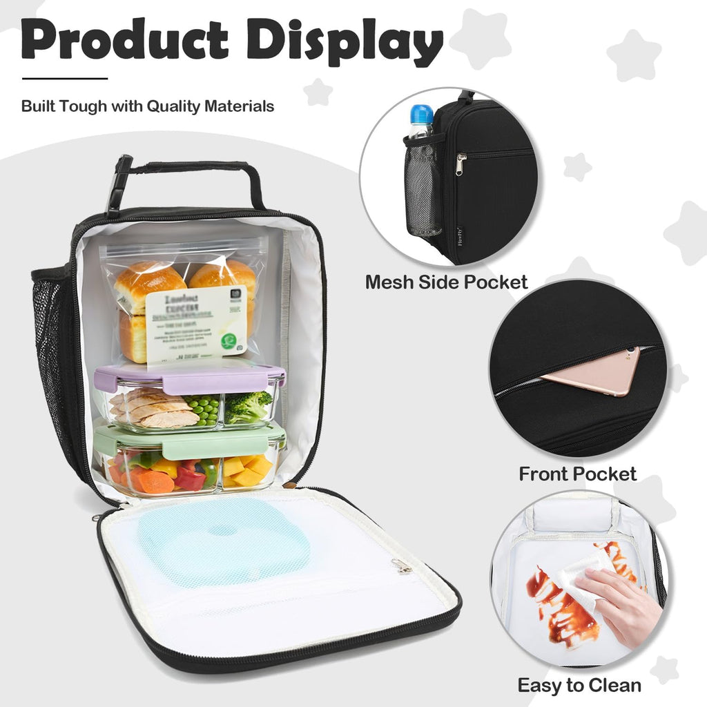 Kids Lunch Box Insulated Letter Print Soft Bag Mini Cooler Back to School Thermal Meal Tote Kit for Girls, Boys, Black
