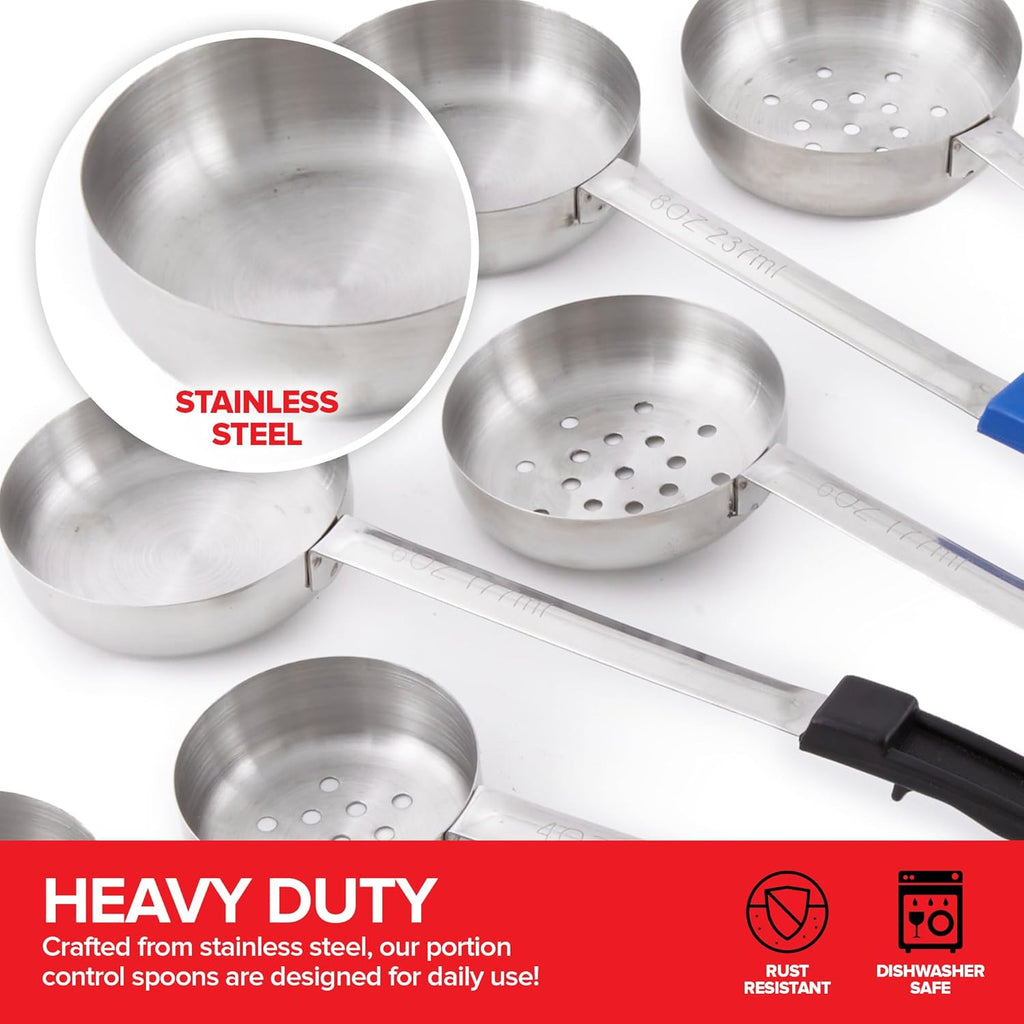Portion Control Serving Spoons (Set of 8), Slotted & Unslotted Portion Scoops for Food, Heavy Duty Stainless Steel