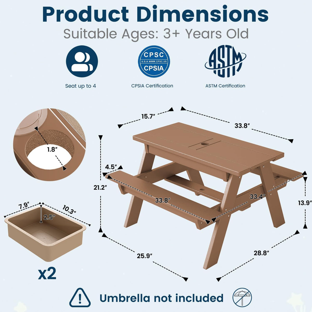 Kids 3-in-1 Sand & Water Table,HDPE Outdoor Convertible Picnic Table w/Detachable Tabletop